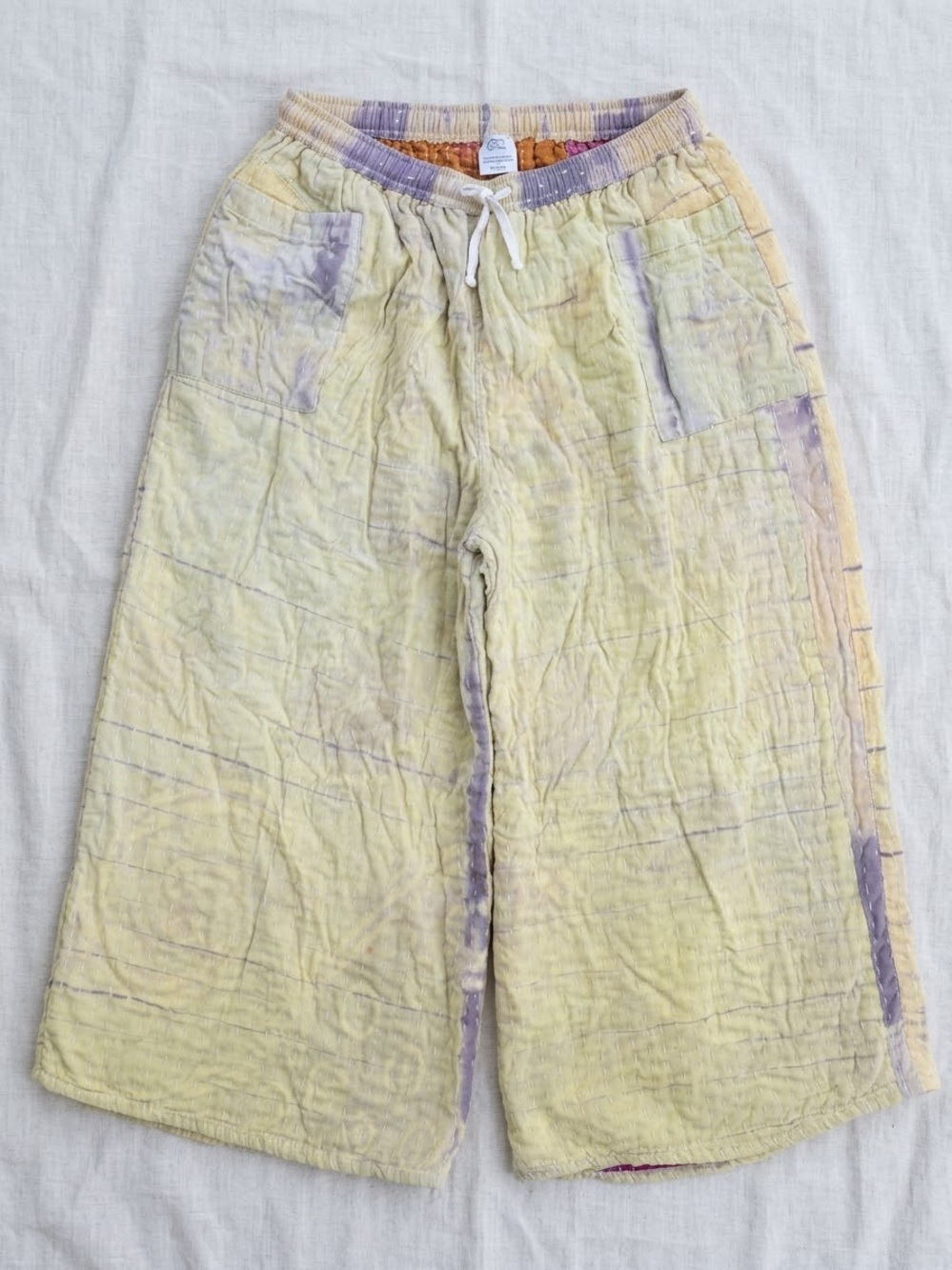 One Size Wide-Leg Quilted Kantha pants - Pastel Yellow & Purple